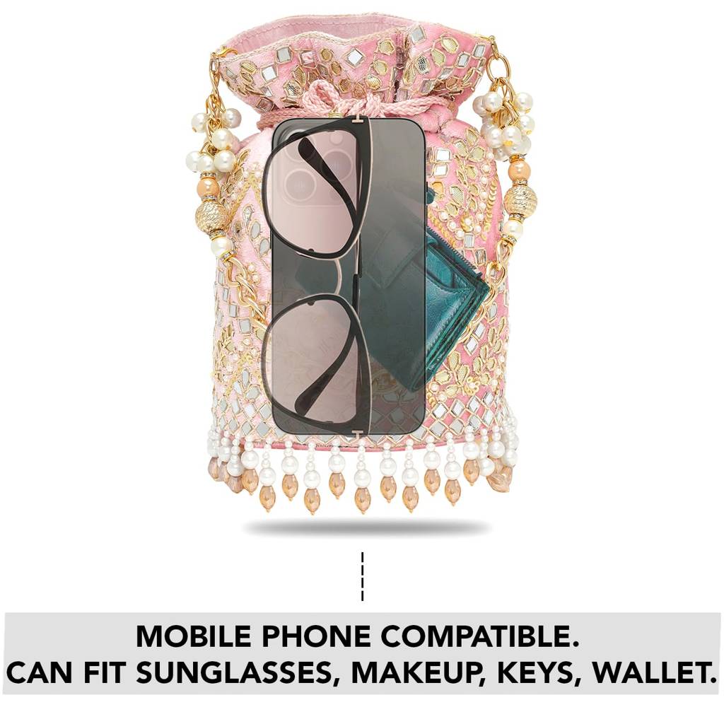 Light Pink Embellished Potli Bag Ethnic Wristlet Purse For Women & Girls : P127GPK