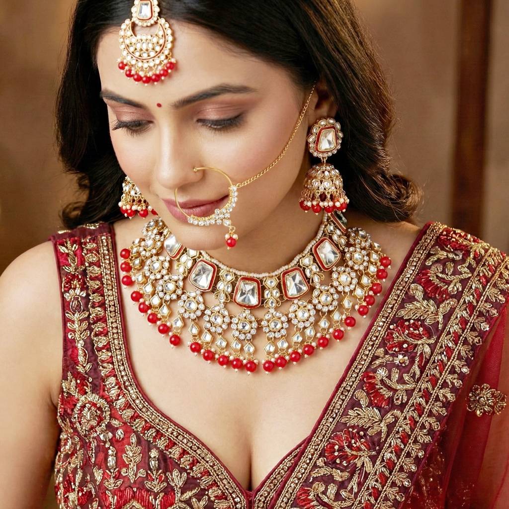 18 Kt Gold Plated Bridal & Semi-Bridal Necklace Set With Earrings, Maang Tikka & Nath : 2476-M8SK-1101-RED