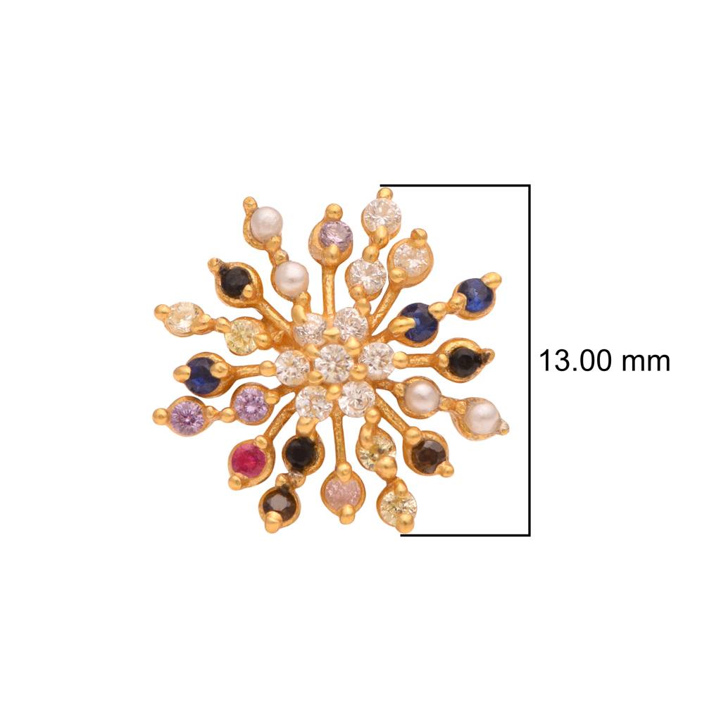 Navratan Multi-Stone Starburst Floral Nose Pin 925 Sterling Silver Gold Plated : NP-00268-SW277_HSM-NP-AUG-33013_925S_YP_NVT