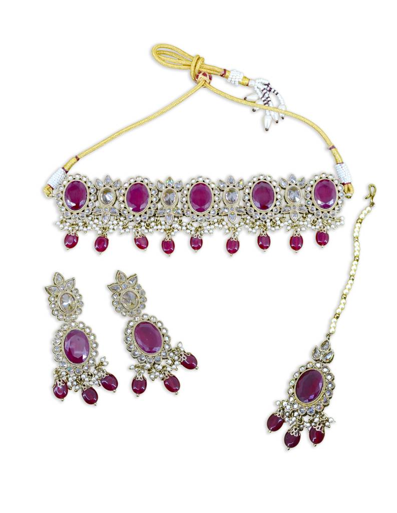 Charming Circle And Leaf Design Red Uncut Kundan Gold Plated Collar Necklace Set With Maangtikka For Women And G : 1NS9491_RED