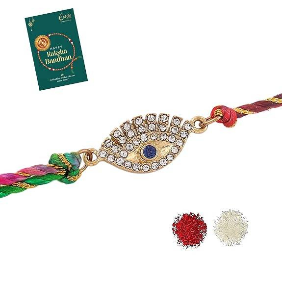 Gold Plated Sacred Evil Eye Rakhi With Austrian Crystals & Enamel And Multi Colored Silk Thread : 132-IG-RAKHI
