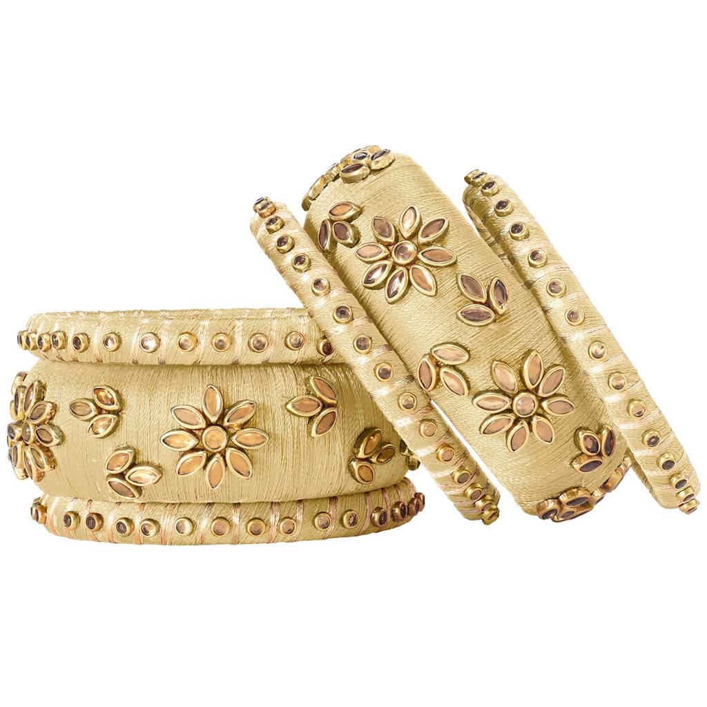 Peora Silk Thread Matching Golden Floral Decorative Chuda Chura Bangle Set For Women : PF51B69CRM