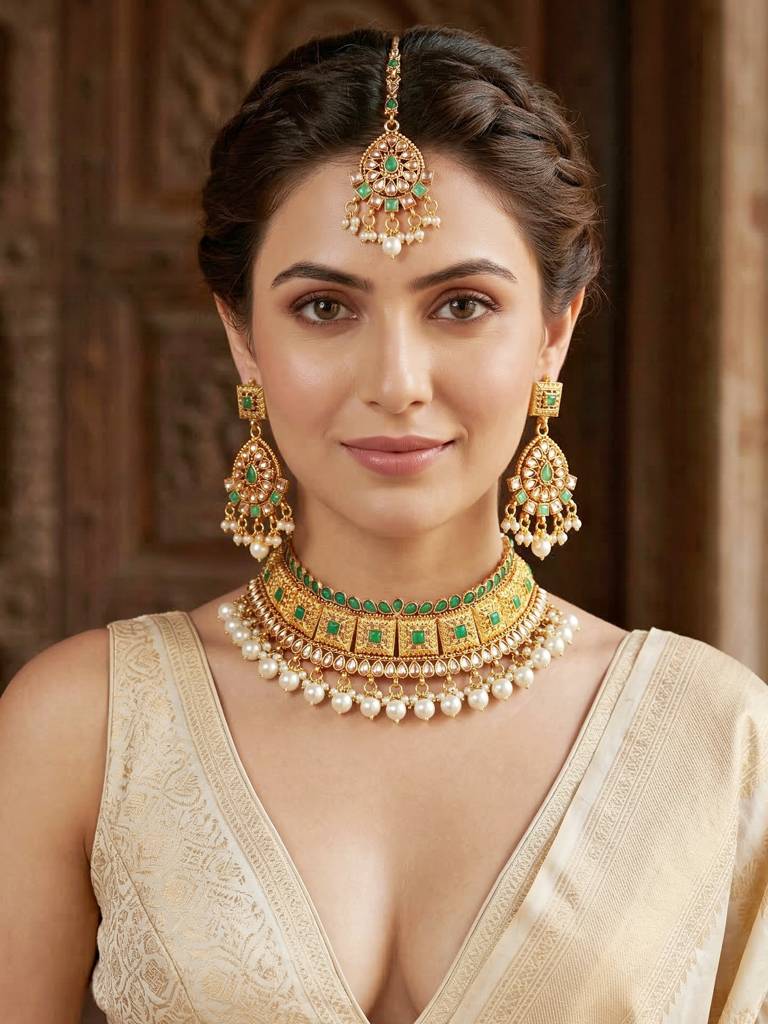 Gold-Plated Choker Necklace Set With Earrings & Maang Tikka For Women | Green Color Traditional Bridal Jewell : 866-G2SR-006-G