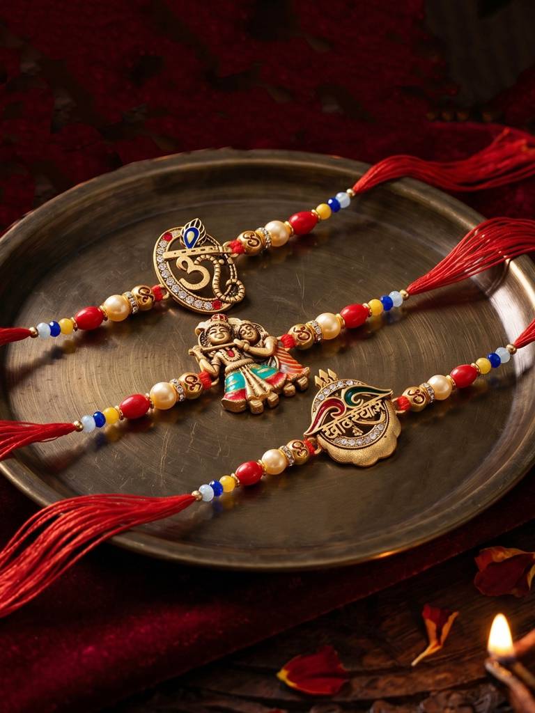 Set Of 5 Traditional Divine Rakhis For Bhai | Beaded Radha Krishna & Khatu Shyam Threads | Raksha Bandhan Gi : 360-S5R1-2306-5