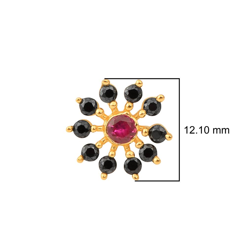 Red Cz & Black Spinel Style Cluster Floral Nose Pin - Gold Plated Sterling Silver : NP-00030_925S_W_RCZ
