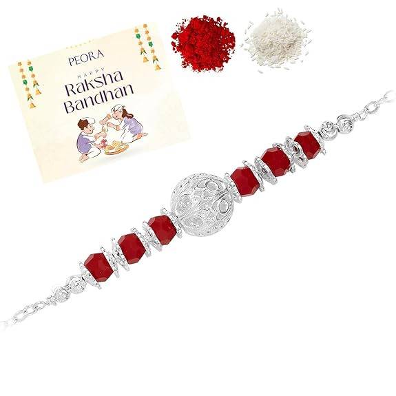 Mens 925 Sterling Silver Red Beads Studded Rakhi Bracelet For Brother Bhaiya Raksha Bandhan Hamper With Roli Chawal G : R18S04
