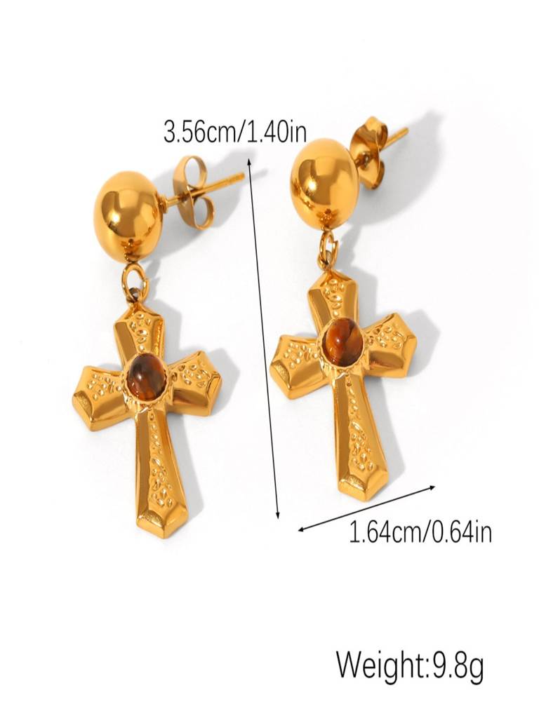 Tiger Eye Cross Drop Earrings 18K Gold Plated Anti-Tarnish Waterproof : AHC0526E751BR