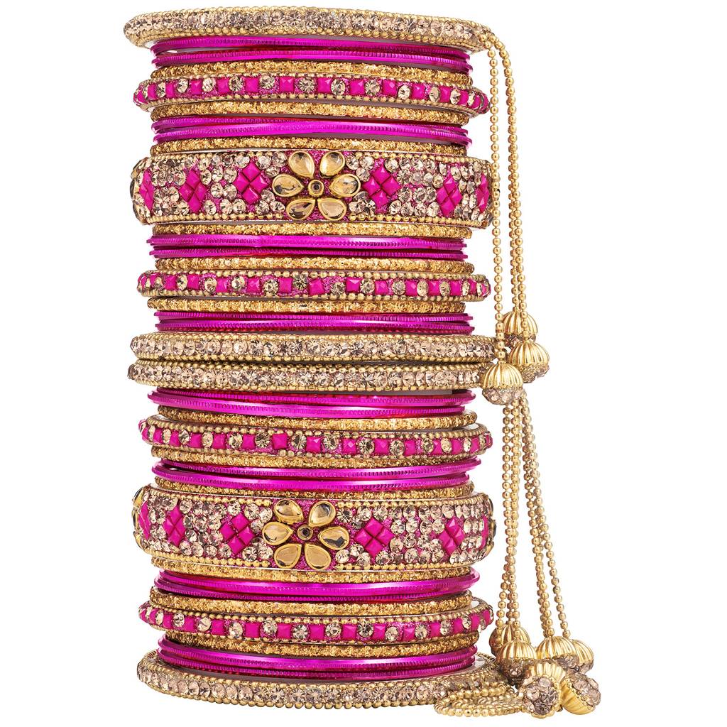 Stone Studded Metal Chuda Bangle Set With Hangings For Women Wedding Bridal Indian Traditional Ethnic Jewellery : PF51B43RP