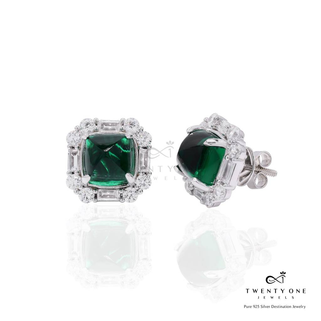 Ultra Premium Emerald Cabochon And Diamond Statement Party Stud Earrings With Premium Screw Backs On Pure 925 Silver : TE2217_2