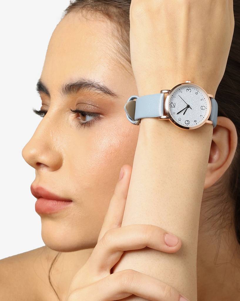 White & Bronze Analog Round Dial With Black Hour Marker & Blue Leather Strap : HSWC1010