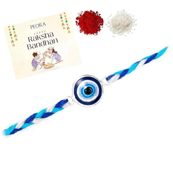 Mens 925 Sterling Silver Evil Eye Studded Rakhi For Brother Bhaiya|Blue & White Thread|Raksha Bandhan Hamper With Rol : R18S20