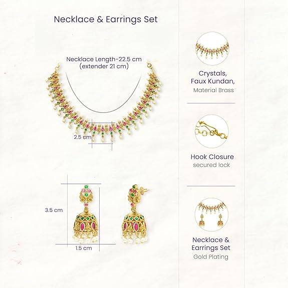 Rani Pink Green Necklace Earrings For Women & Girls Gold Plated Faux Ruby Emerald & Pearl Studded Festive Traditio : PF76N03RG