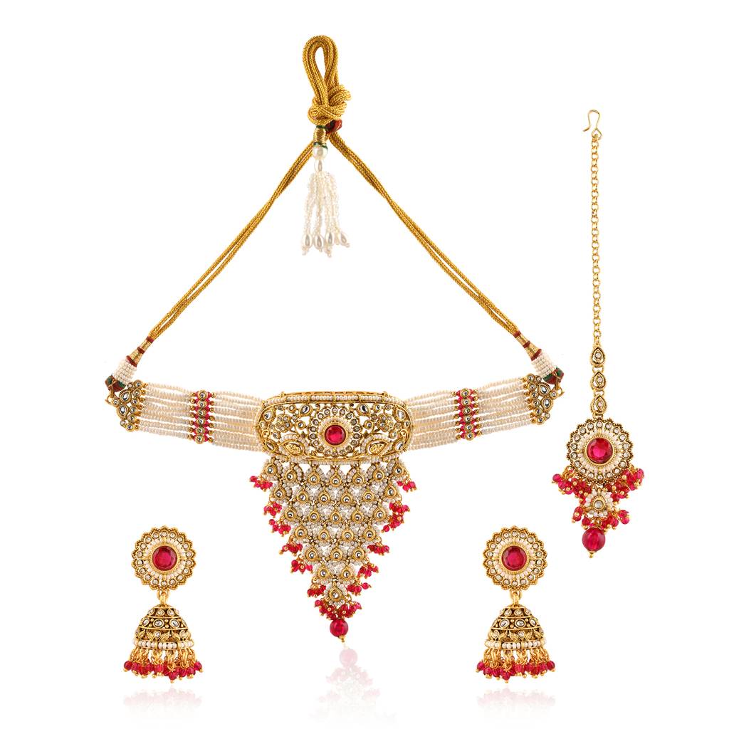 Kundan Opulance Maroon Cz-Pearl Beaded Yellow Gold-Plated Choker Set : 8905124585384