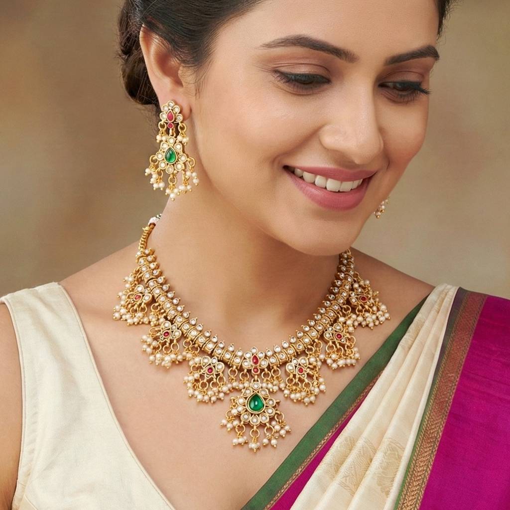 Exquisite Indian Ethnic Gold Plated 2-Piece Choker And Long Necklace Set With Pearl Tassels & Matching Earr : 2063-ISR-2302-RG