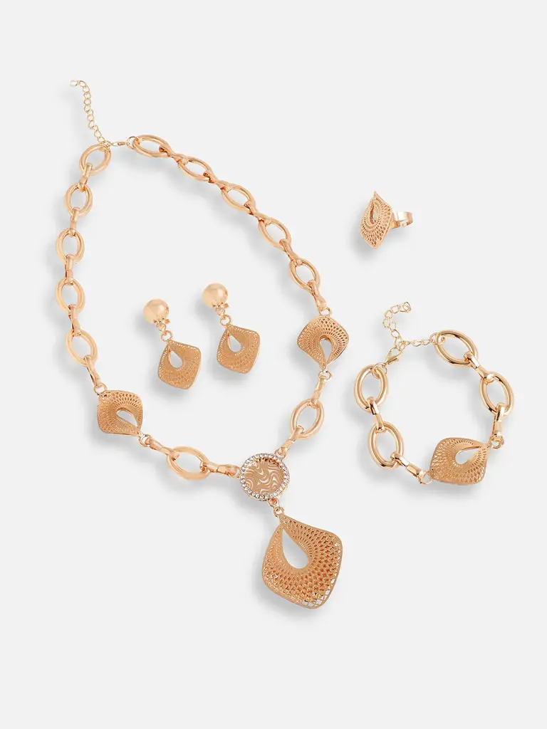 Eva-Gold Plated Designer Stone Necklace, Earring, Ring And Bracelet Set : SOHNCK7221