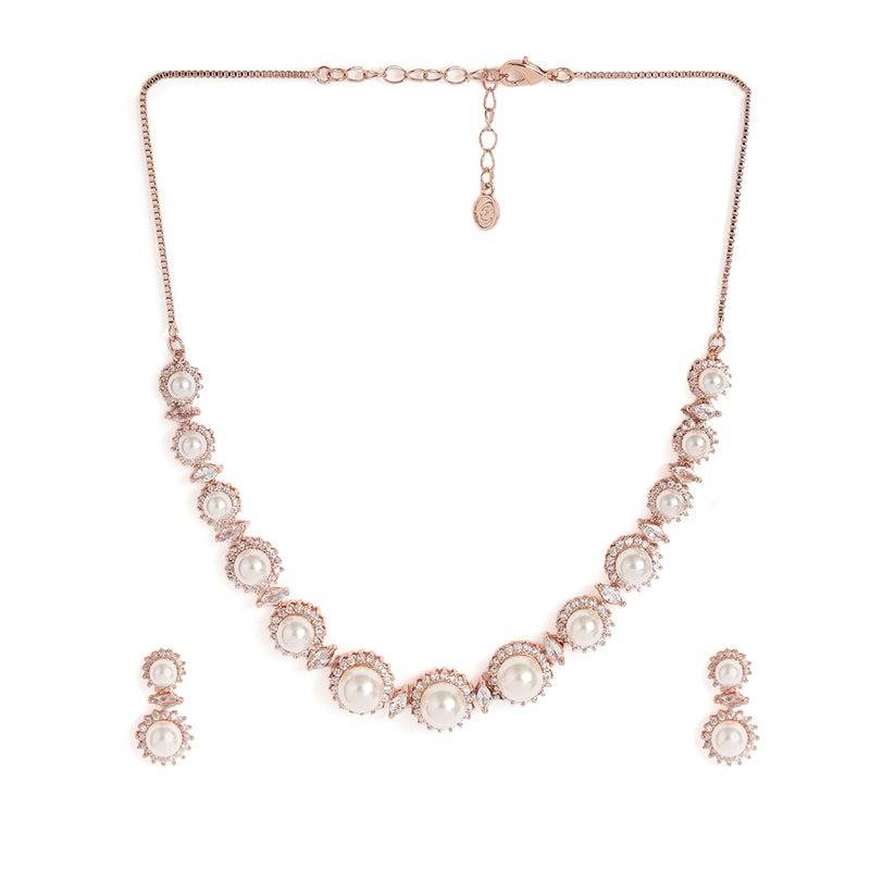 Rosegold Plated Double Round Pearl Necklace Set For Party Wear : AD-896-RGWENKER