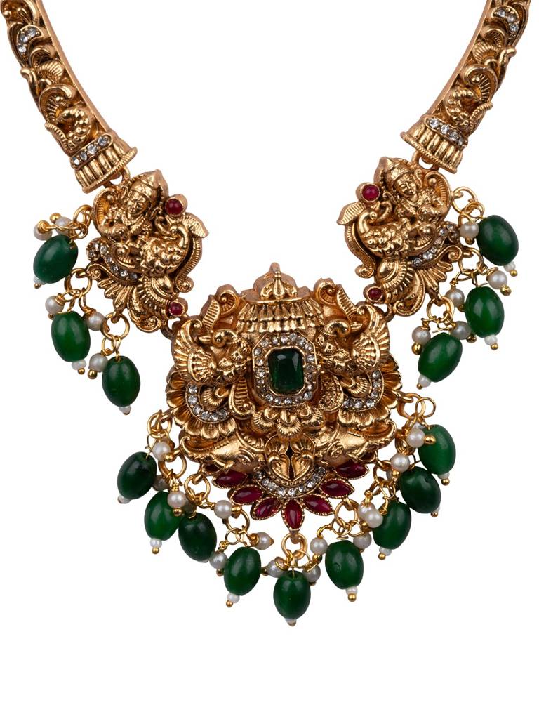 Classic South Indian Temple Golden Necklace Set : SATJS368GREEN