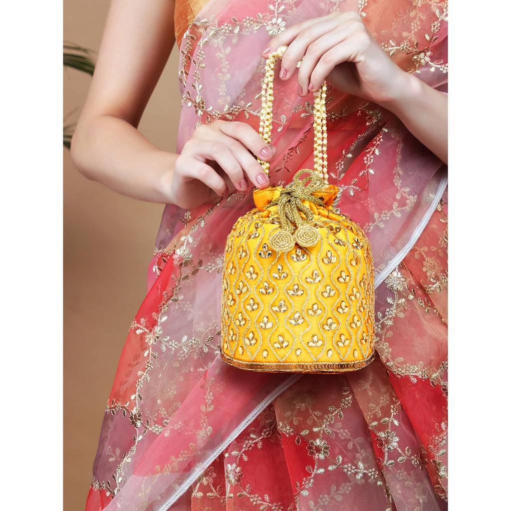 Potli Bag For Women Handmade Evening Wristlet Handbag Stylish Bridal Purse Fashion Bag For Girls (P88B) : P88Y