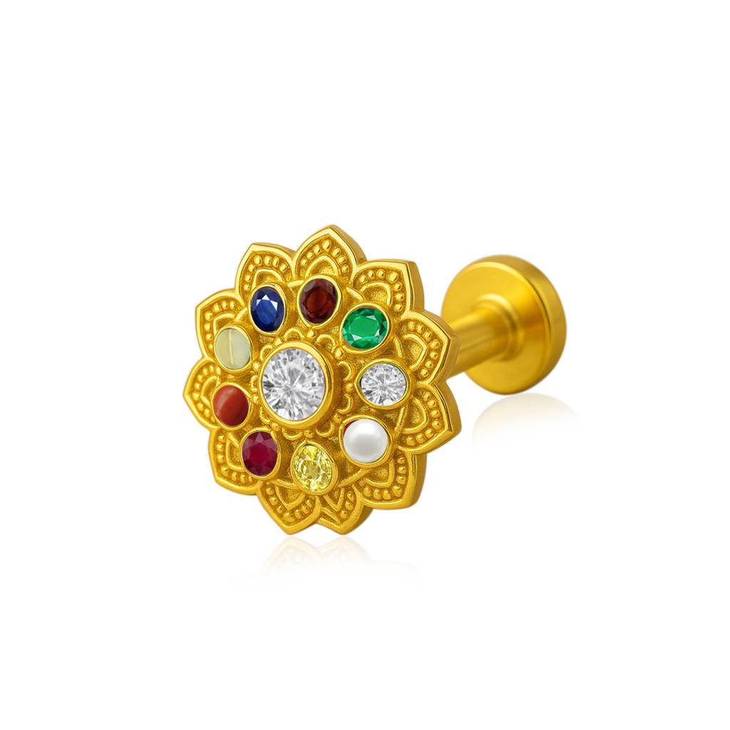 Navratna Lotus Floral Multi Gemstone Nose Pin 925 Sterling Silver Gold Plated : 0006-NP-snp-0058