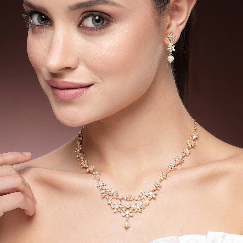 Timeless Exclusive Gold Plated Pearl & American Diamond Floral Motif Necklace Set – Luxury Designer Light We : AD-835-IGWENKER
