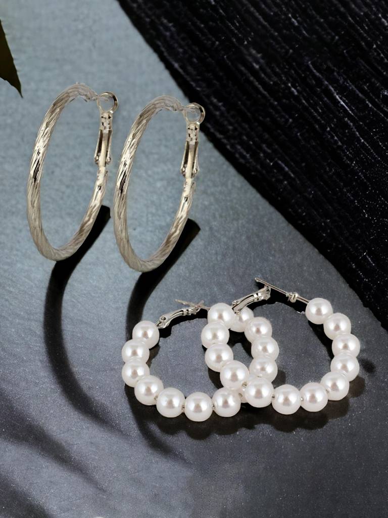 5 Pairs Combo Earrings- Silver Plated Heart Studs And Hoops : 210-CHEX-1189-S-5
