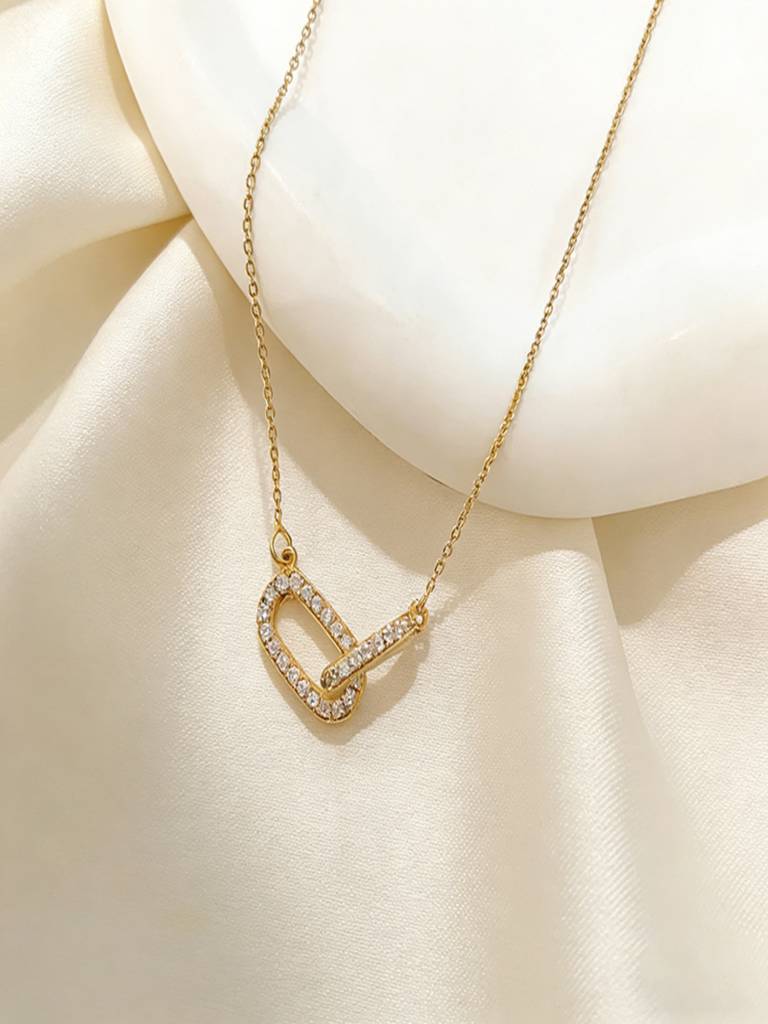 14K Gold Plated Anti-Tarnish Double Oval Interlocked Zircon Pendant Chain : AXY0326P011