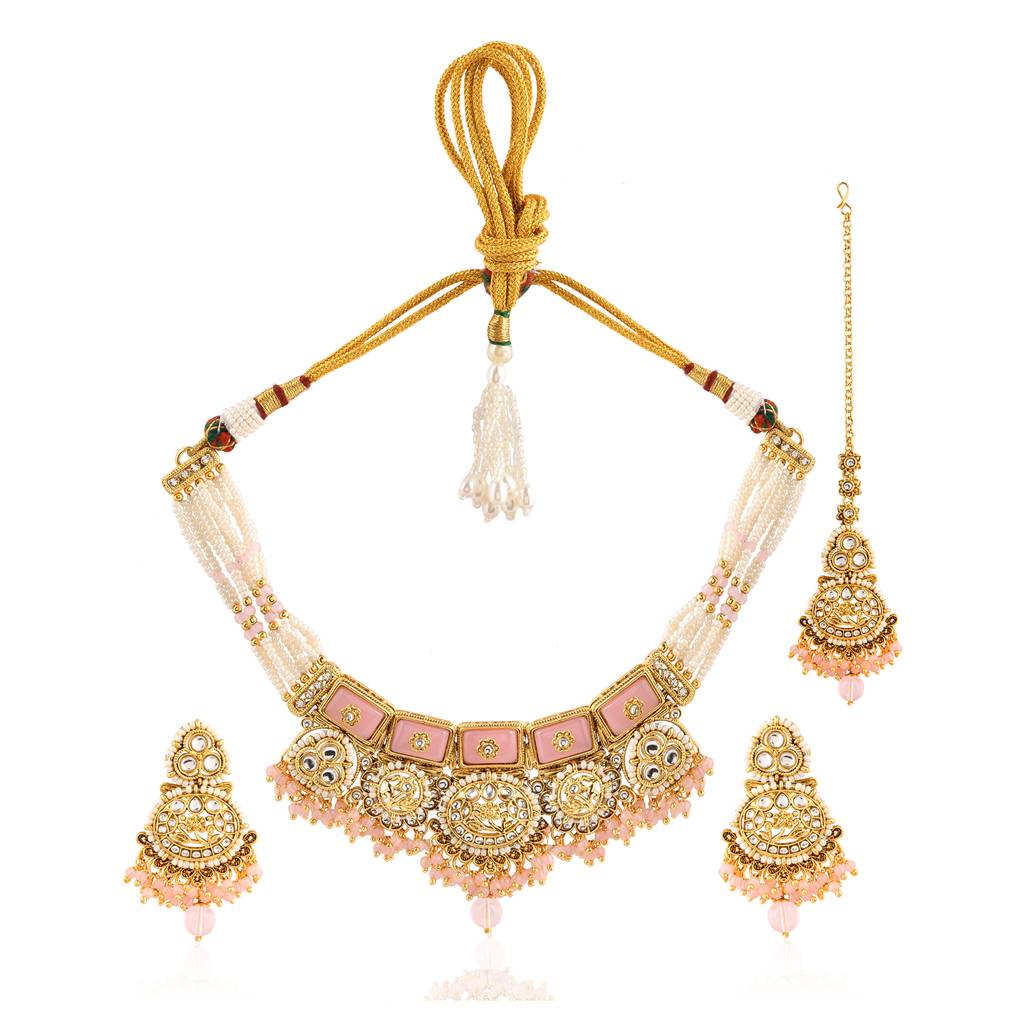 Kundan Opulance Light Pink Cz-Pearl Medallion Yellow Gold-Plated Short Necklace Set : 8905124585391