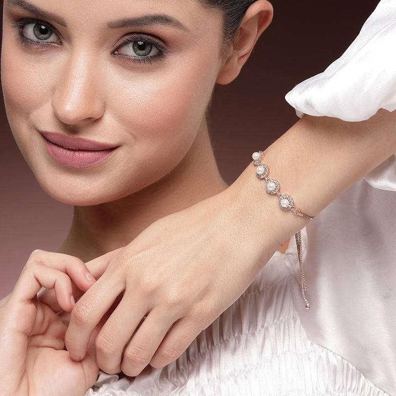Elegant Designer Cz Crystal & Pearl Chain Bracelet – Daily & Party Look : AD-132-RGBR