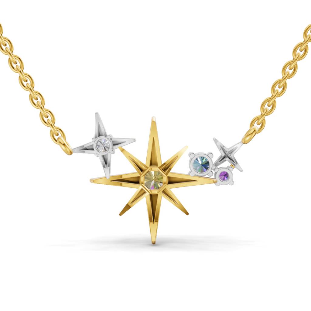 Lab Grown Diamond 0.07Ct Round 925 Sterling Silver Gold Plated Star Necklace : SQN19736-NK-925S-007CT