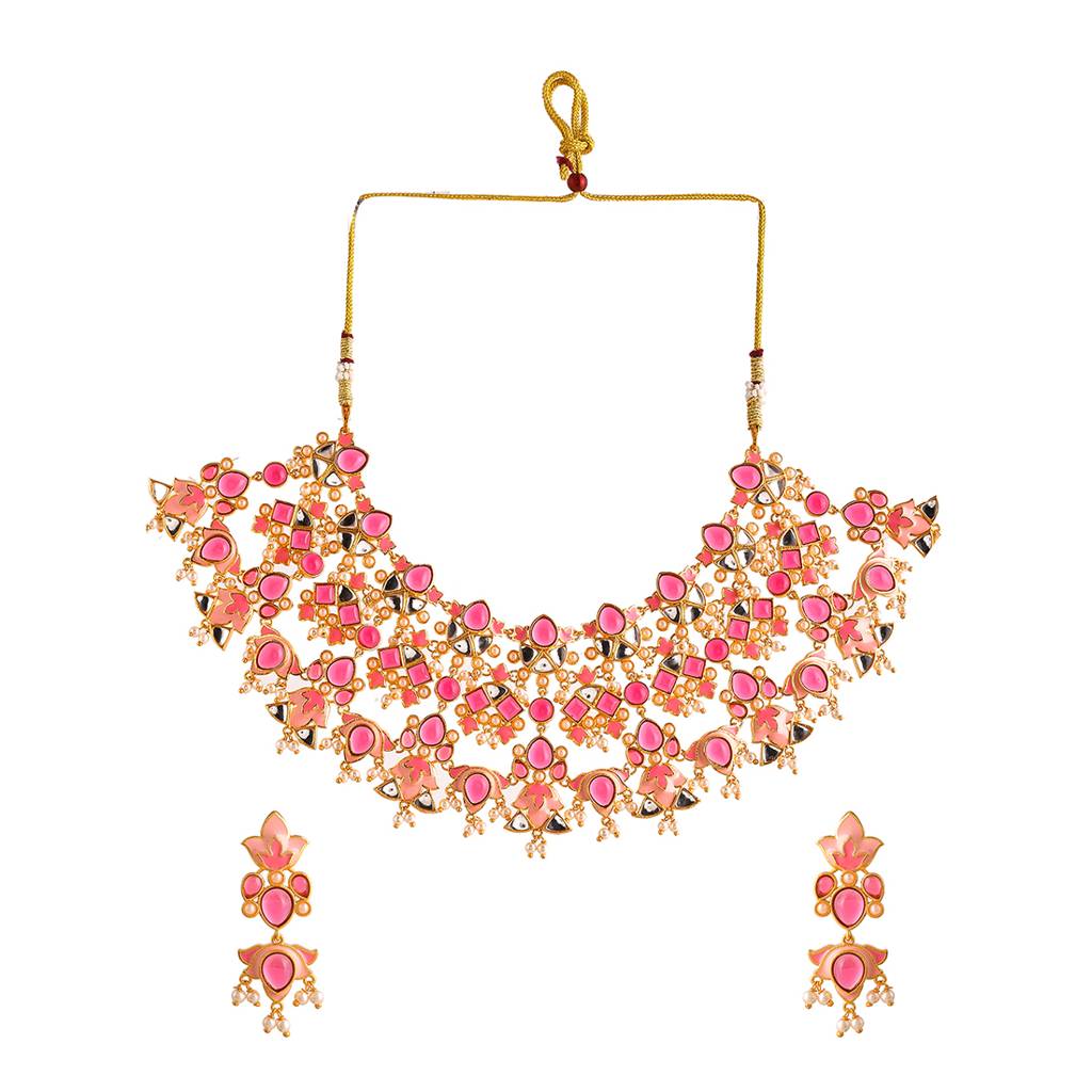 Forever More Pink Stones And Pearls Enamelled Luxurious Jewellery Set : 8905124498059