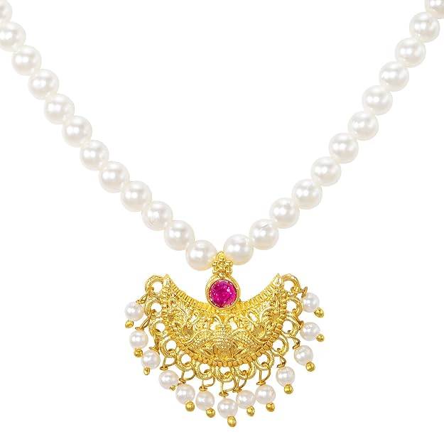 Gold Plated White Beads & Pink Crystal Studded Necklace For Women | Festive & Bridal Jewellery, Anniversary Birthd : PF04N19RP