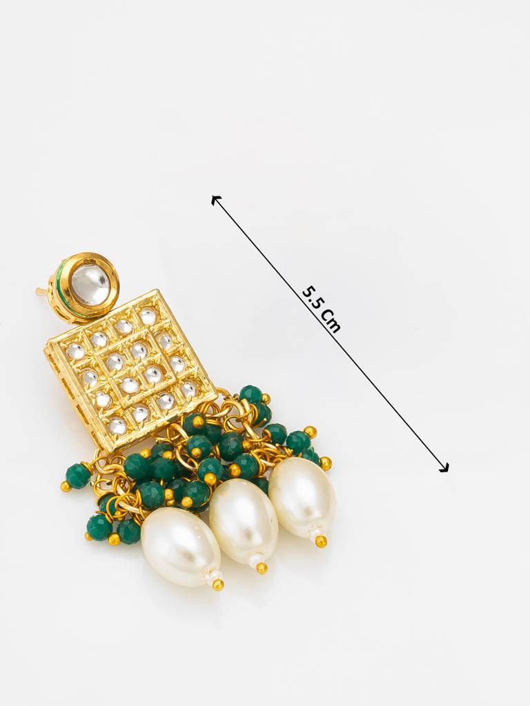 Kundan Pendant Long Necklace Set With Emerald Crystal Beads And Pearl Drops, Earrings Included : NK4241