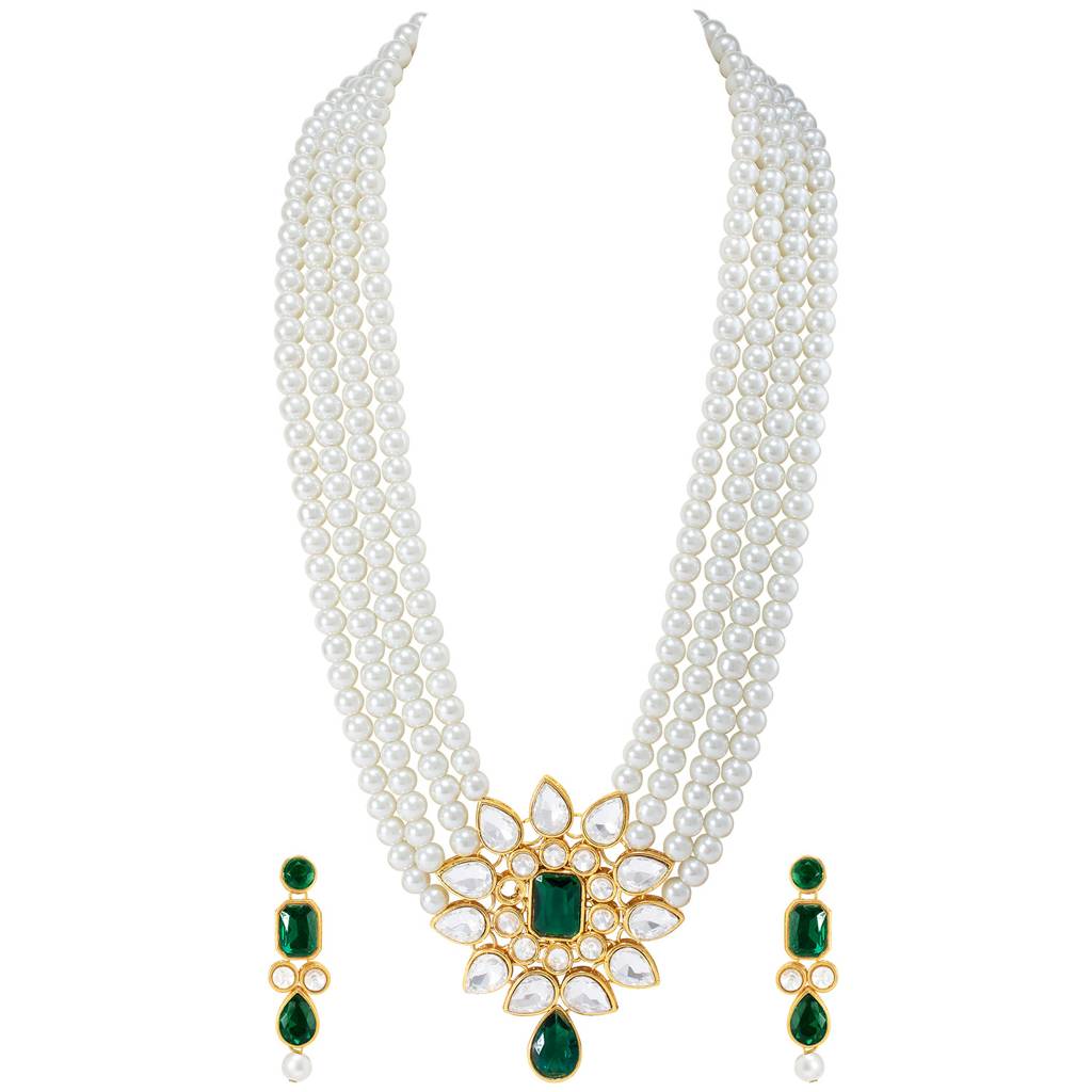 Peora Ethnic Crystal Studded Faux Pearl Long Necklace With Earrings Set Traditional Wedding Jewellery For Women &  : PF24N50WG