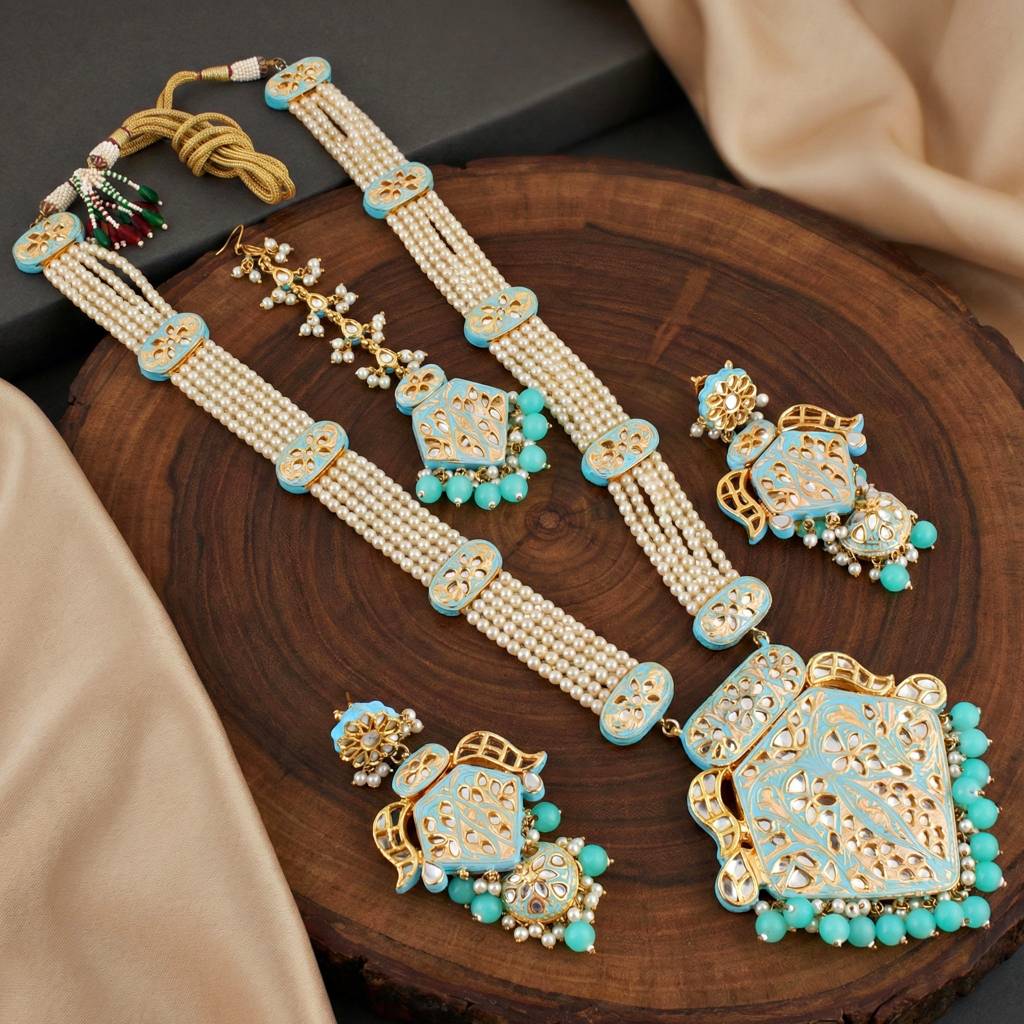Traditional Turquoise Long Necklace Set For Women |Gold Plated Meenakari Bridal Jewellery Set With Earrings : 2970-J5SK-2300-F