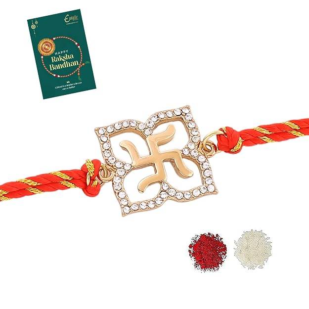 Gold Plated Holy Swastika Rakhi With Austrian Crystals And Divine Red Silk Thread : 169-IG-RAKHI