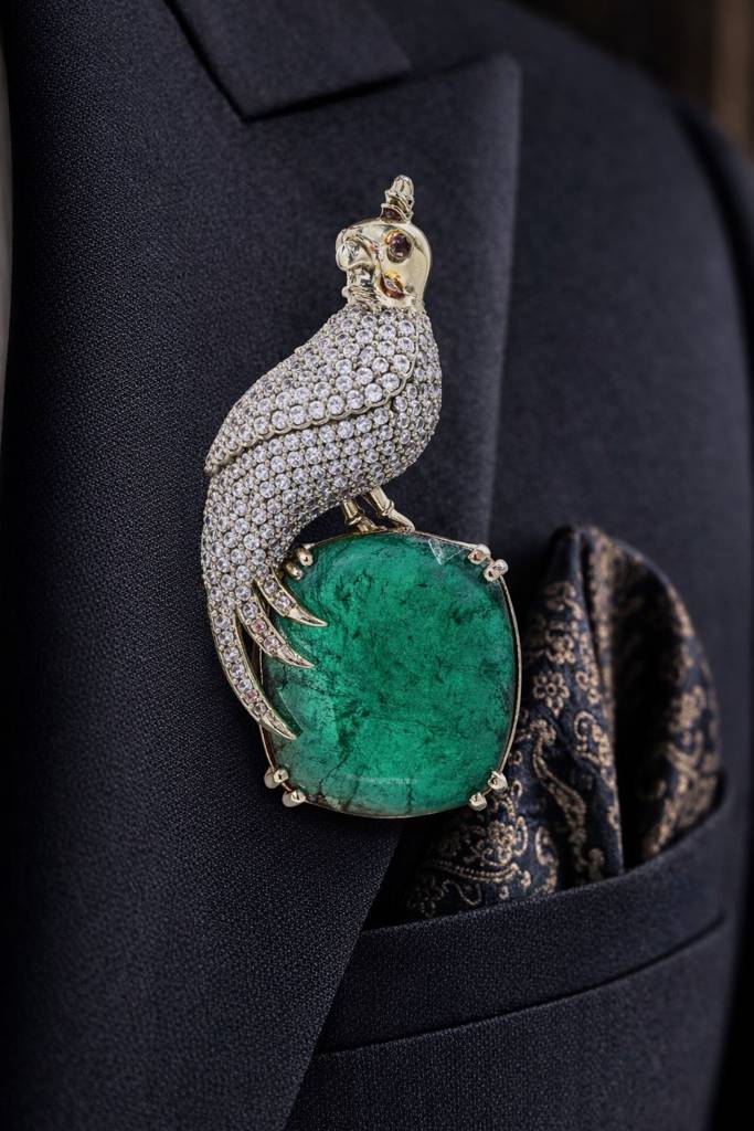Antique Gold Finish Diamond Royal Bird Unisex Brooch : 900012