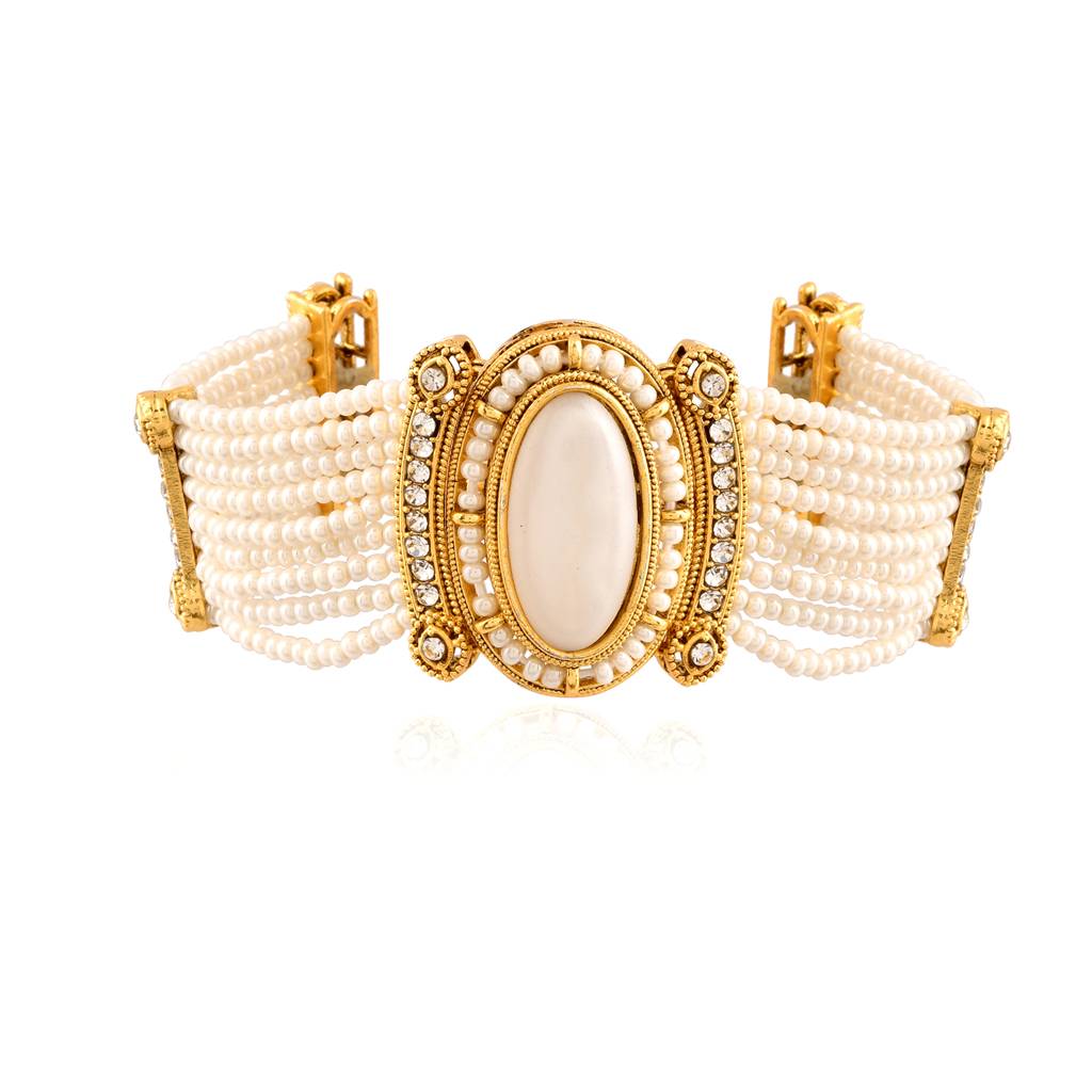 Kundan Opulance Whitesmoke Oval Cz-Pearl Beaded Yellow Gold-Plated Bracelet : 8905124585452