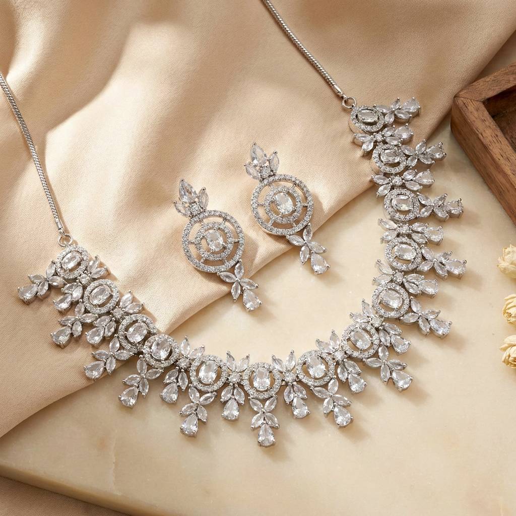 Silver-Tone American Diamond Necklace Set With Earrings For Women – Office, Party & Wedding Wear : 1717-K4SA-2242-W-S