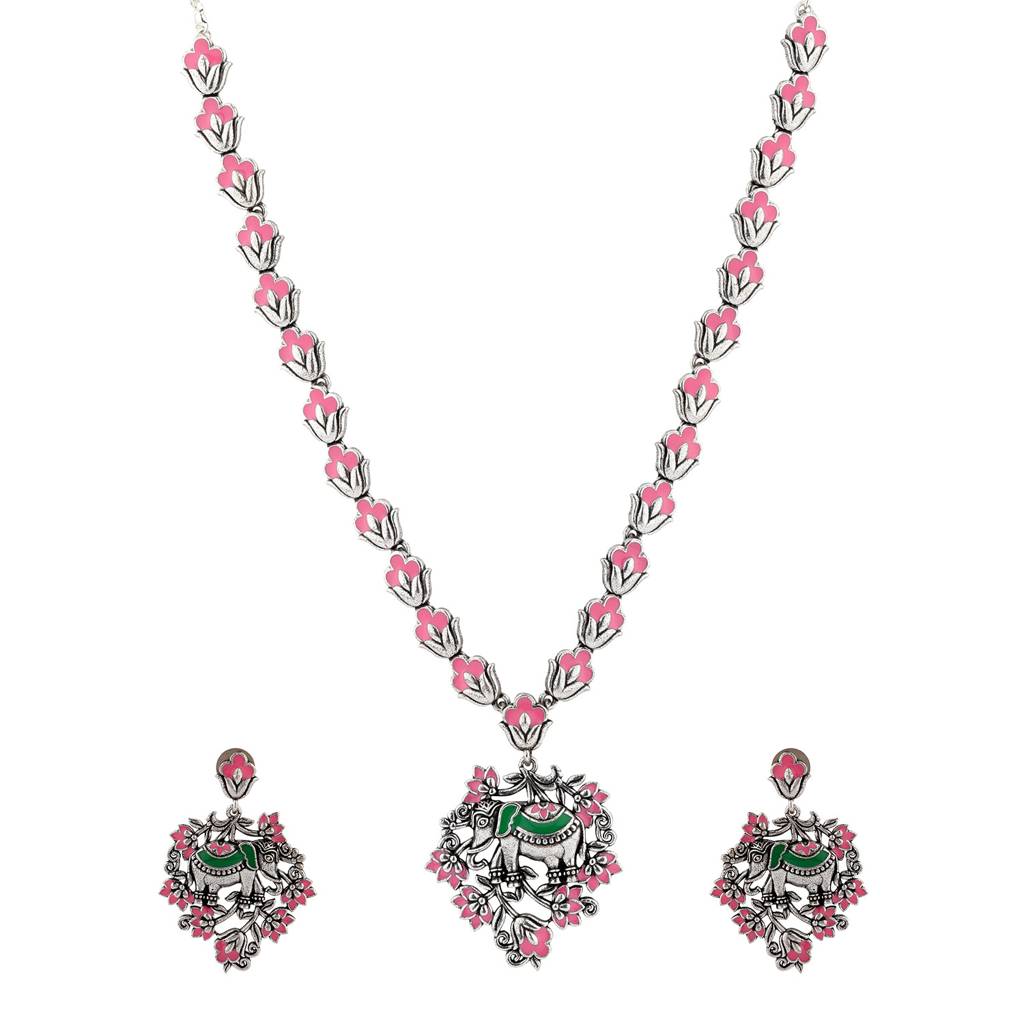 Madhubani Gajraj Garden Oxidised Enamel Necklace Set : 8905124560763