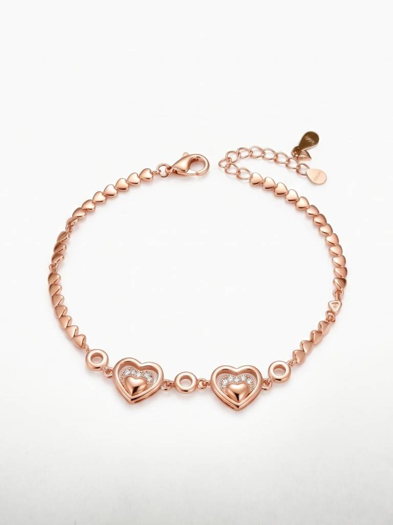 925 Silver Double Heart Crystal Bracelet For Women : BR-67
