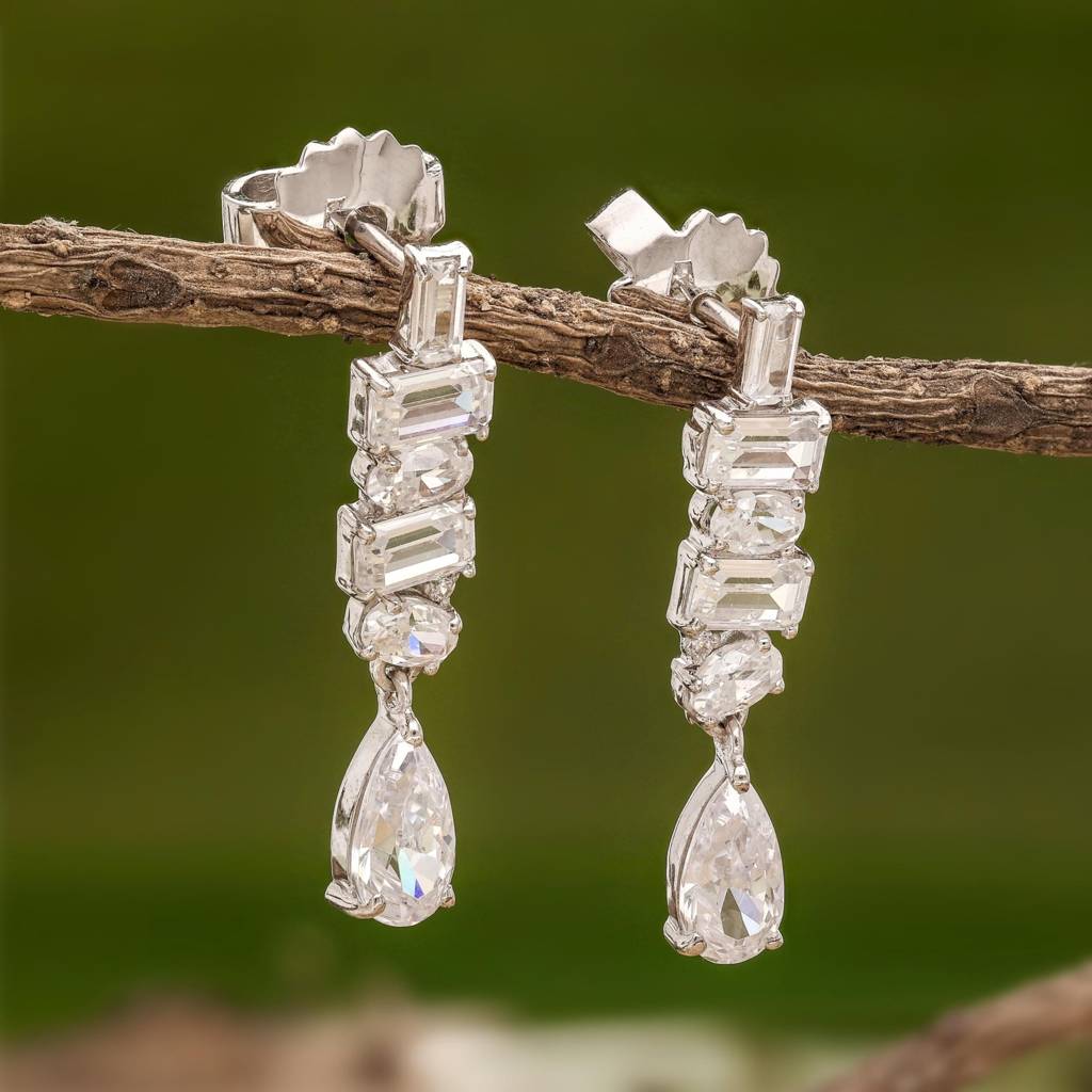 925 Silver Baguette Teardrop Cz Dangle Earrings Bridal : SE_000963