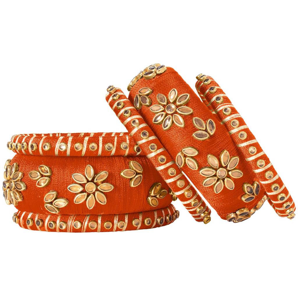 Peora Silk Thread Matching Golden Floral Decorative Chuda Chura Bangle Set For Women : PF51B69ORN