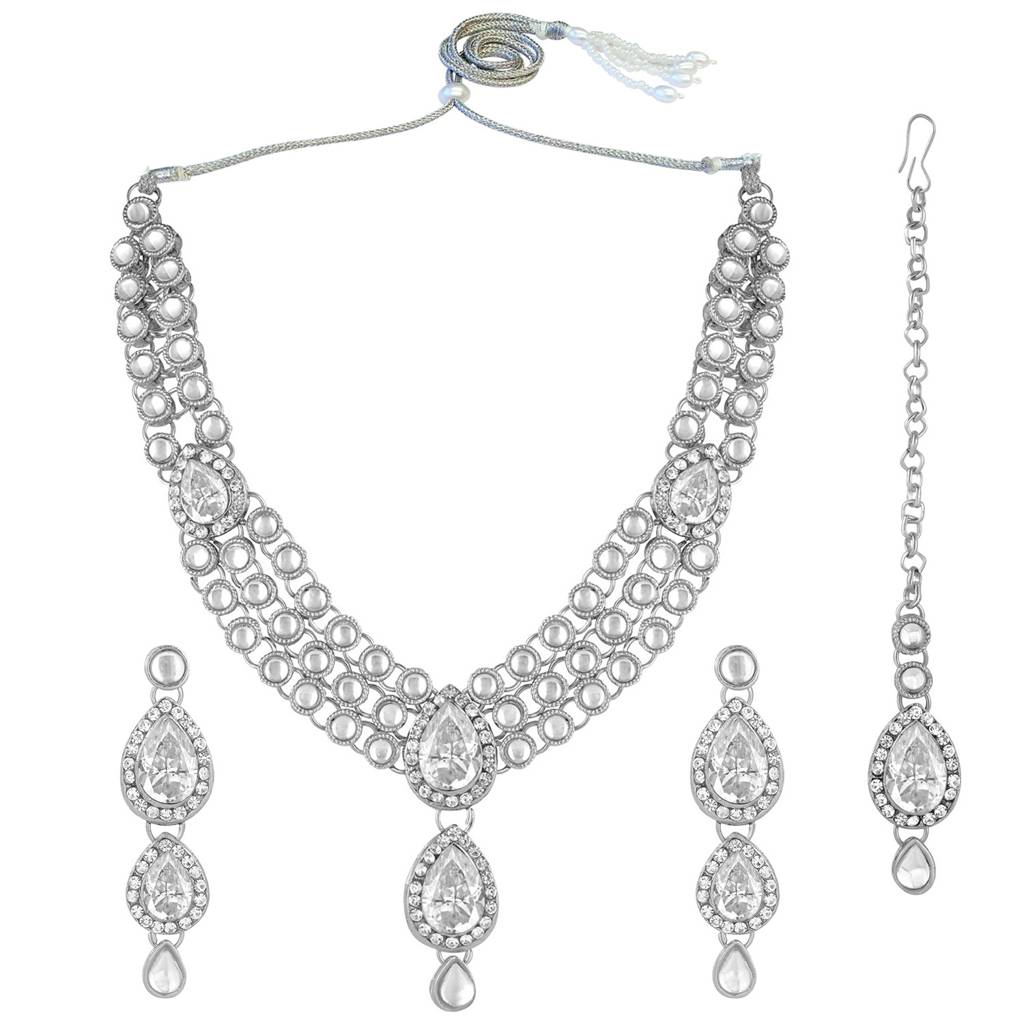 Peora Gold Plated Traditional Kundan Studded Long Necklace Jewellery Set With Earring Maang Tikka For Women Girls : PF25N009RW