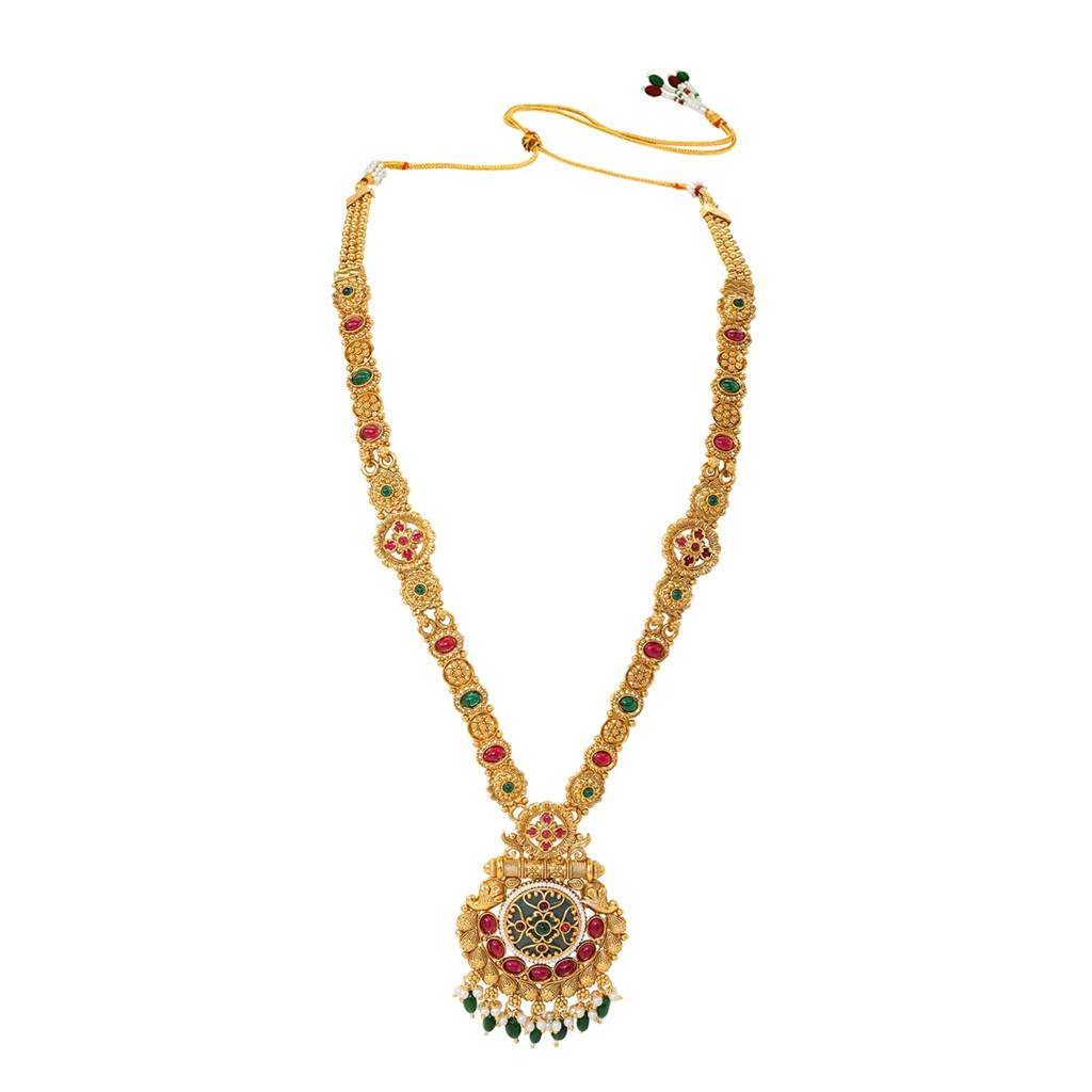 Traditional Gold Plated Bridal Necklace Jewellery Set For Women | Faux Ruby Emerald & Beads, Adjustable Drawstri : PF04BR13RPG