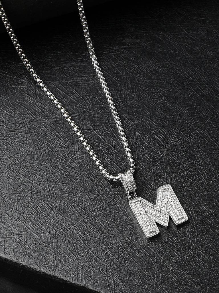 Men'S Embellished Alphabet Pendant Necklace - Silver : FANC1071-M
