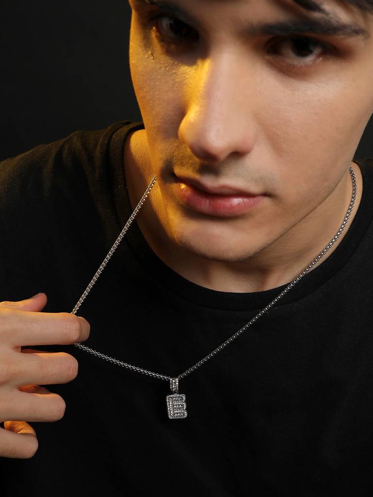 Men'S Embellished Alphabet Pendant Necklace - Silver : FANC1071-E
