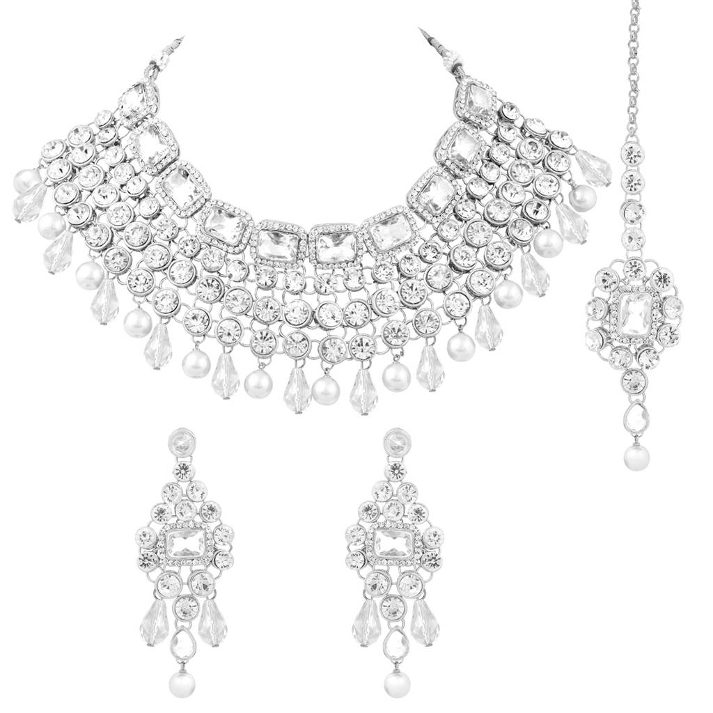 Peora Crystal Choker Necklace With Maang Tikka Earrings Indian Traditional Bridal Wedding Jewellery Set Gift For  : PF25N708RW