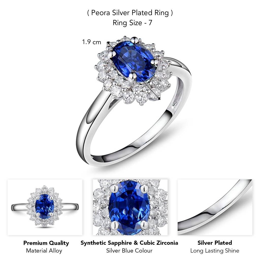 Silver Plated Synthetic Sapphire & Cubic Zirconia Studded Solitaire Ring Contemporary Jewellery For Women & Girls : PX9R3030SB-7