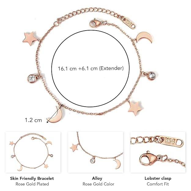 Rose Gold Plated Moon Star Charm Crystal Studded Stylish Bracelet Fashion Jewellery Gift For Women & Girls : PX9B164C