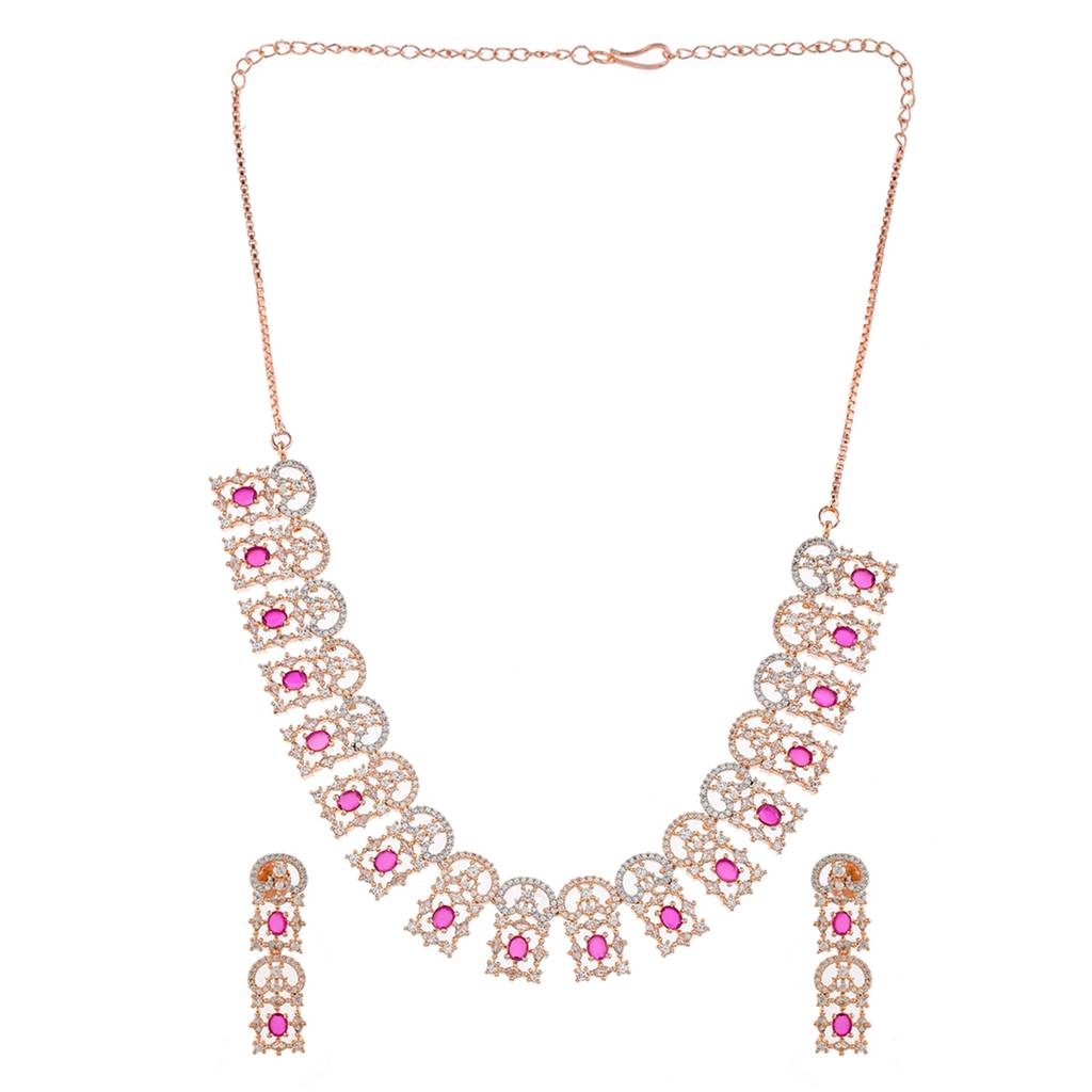 Cz Elegance Rose Plated Ruby Red Necklace Set : 8905124477726